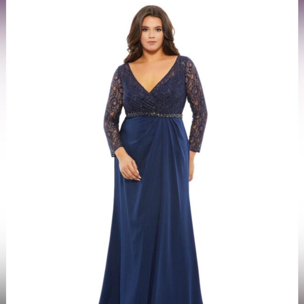Mac Duggal special occasion gown size 18 blue lace with gold and beaded belt